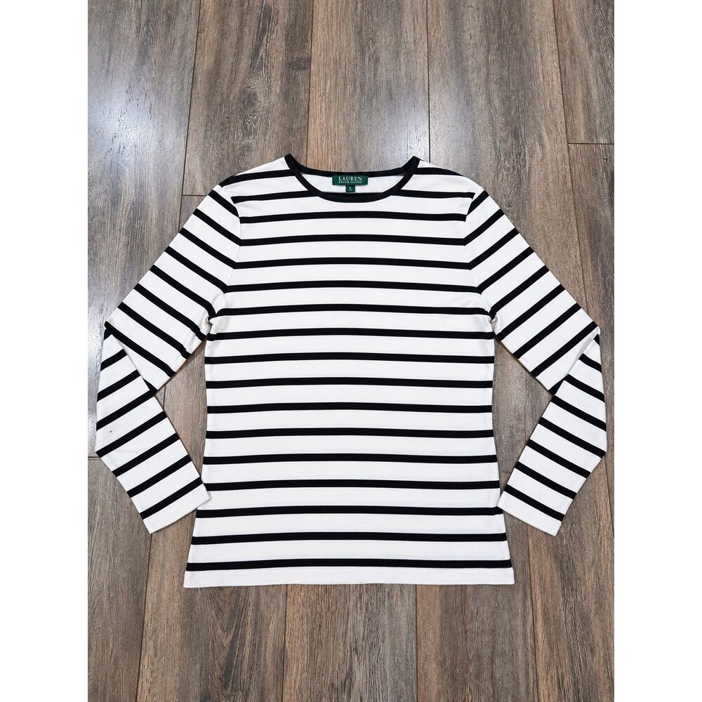 Lauren Ralph Lauren Womens XL Black White Striped Long Sleeve Cotton Shirt